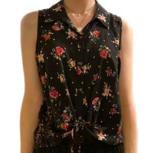 Large Black Button Down Pink Floral Pattern Tank Top